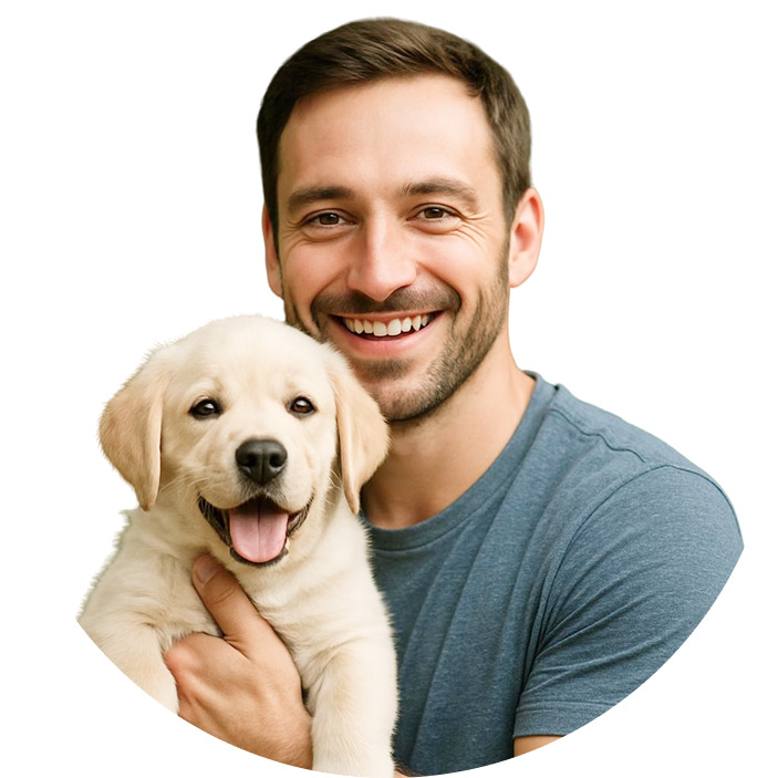 Happy dog sitter holding a playful puppy during in-home pet care service
